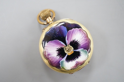 A continental 14k yellow metal, rose cut diamond and enamel set open faced keyless fob watch, decorated with a pansy, case diameter 29mm, gross weight 17.8 grams.